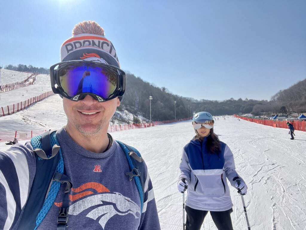 Teaching my wife how to ski for the first time at Vivaldi Park Resort, in South Korea.