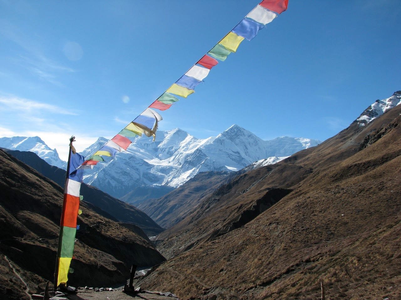 Prayer flags fluttering along the Annapurna Circuit trail with Himalayan peaks in the background