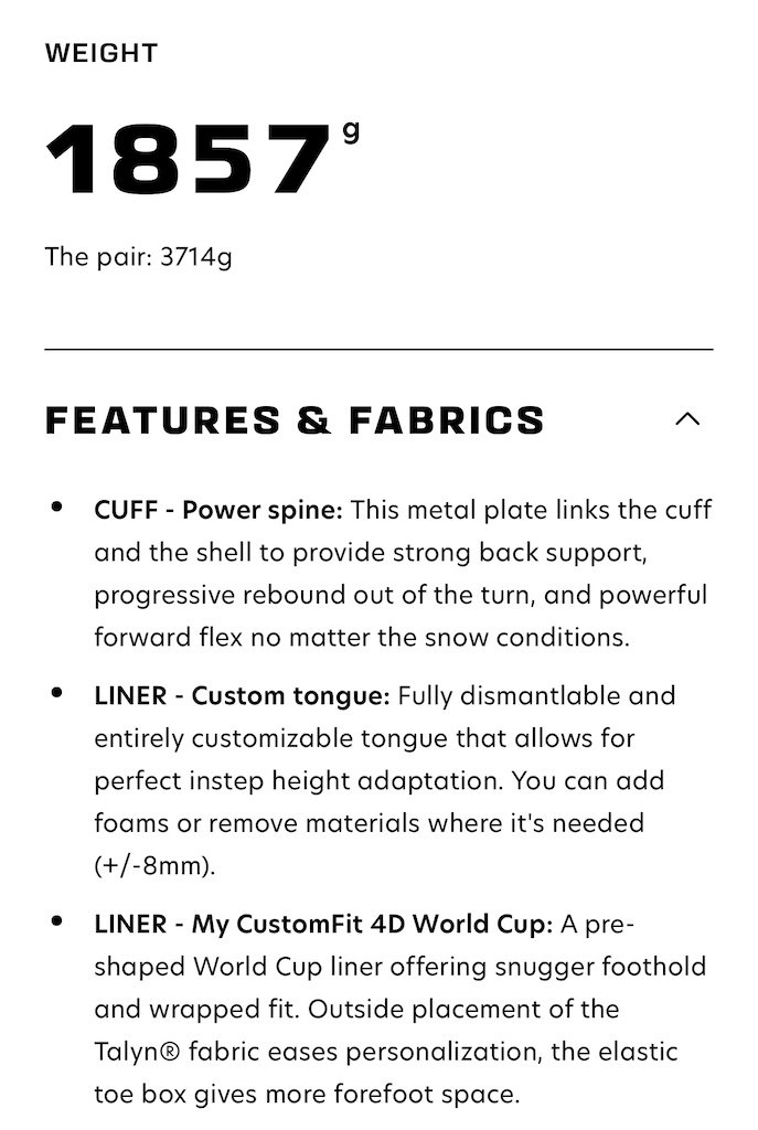 Screenshot of the Salomon S/Pro Alpha 130 ski boot design features, highlighting the boot's construction, materials, and performance characteristics.