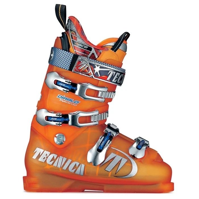 A pair of Tecnica Diablo Race 130 ski boots from the mid-2000s. These boots are designed for racing and feature a high performance fit and construction.