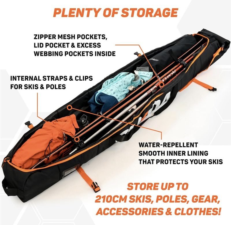An interior view of the Sukoa Premium Padded Ski Bag, showcasing the product details, dimensions, and storage compartments for skis and accessories.