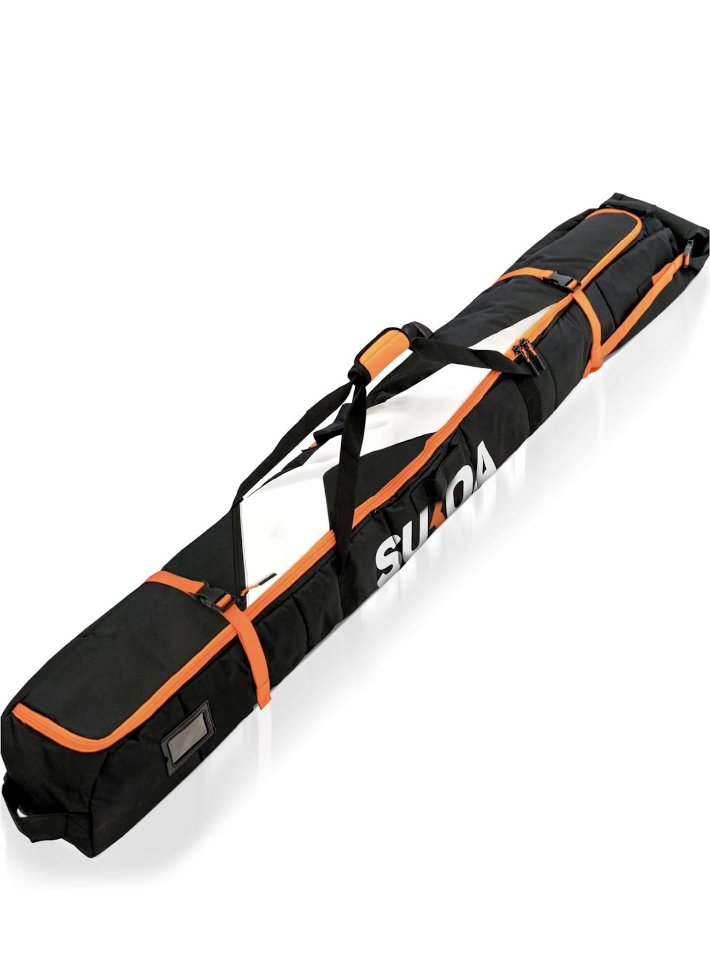 An exterior view of the Sukoa Premium Padded Ski Bag, showcasing its durable construction, multiple pockets, and carrying handles.