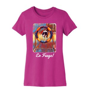 Vibrant design of a border collie leaping through a hoop on the En Fuego Women’s T-Shirt