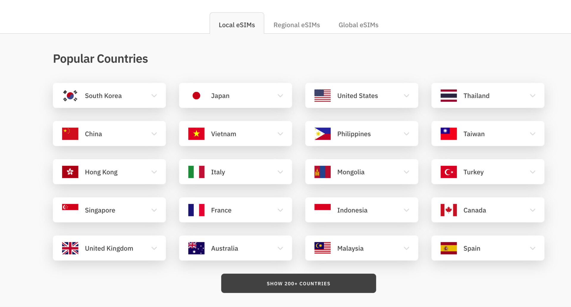 Airalo local eSIM card country options