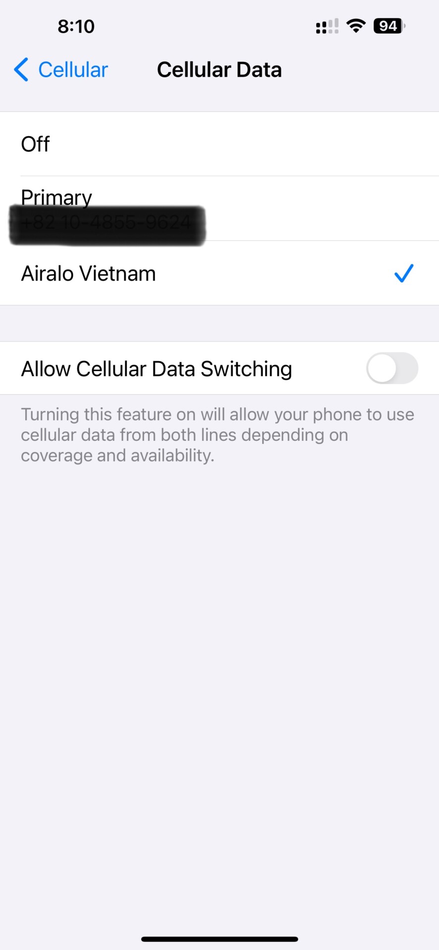 The Cellular Settings screen from my iPhone as I switched from my primary SIM to my Airalo eSIM