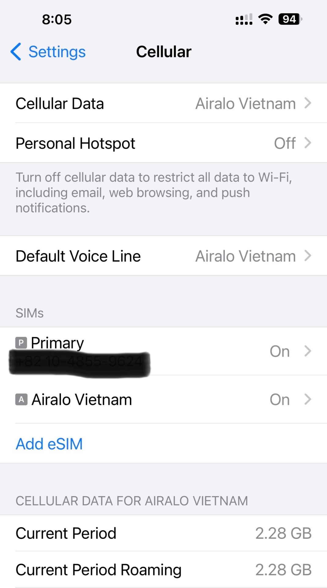 The Cellular Settings screen from my iPhone as I switched from my primary SIM to my Airalo eSIM