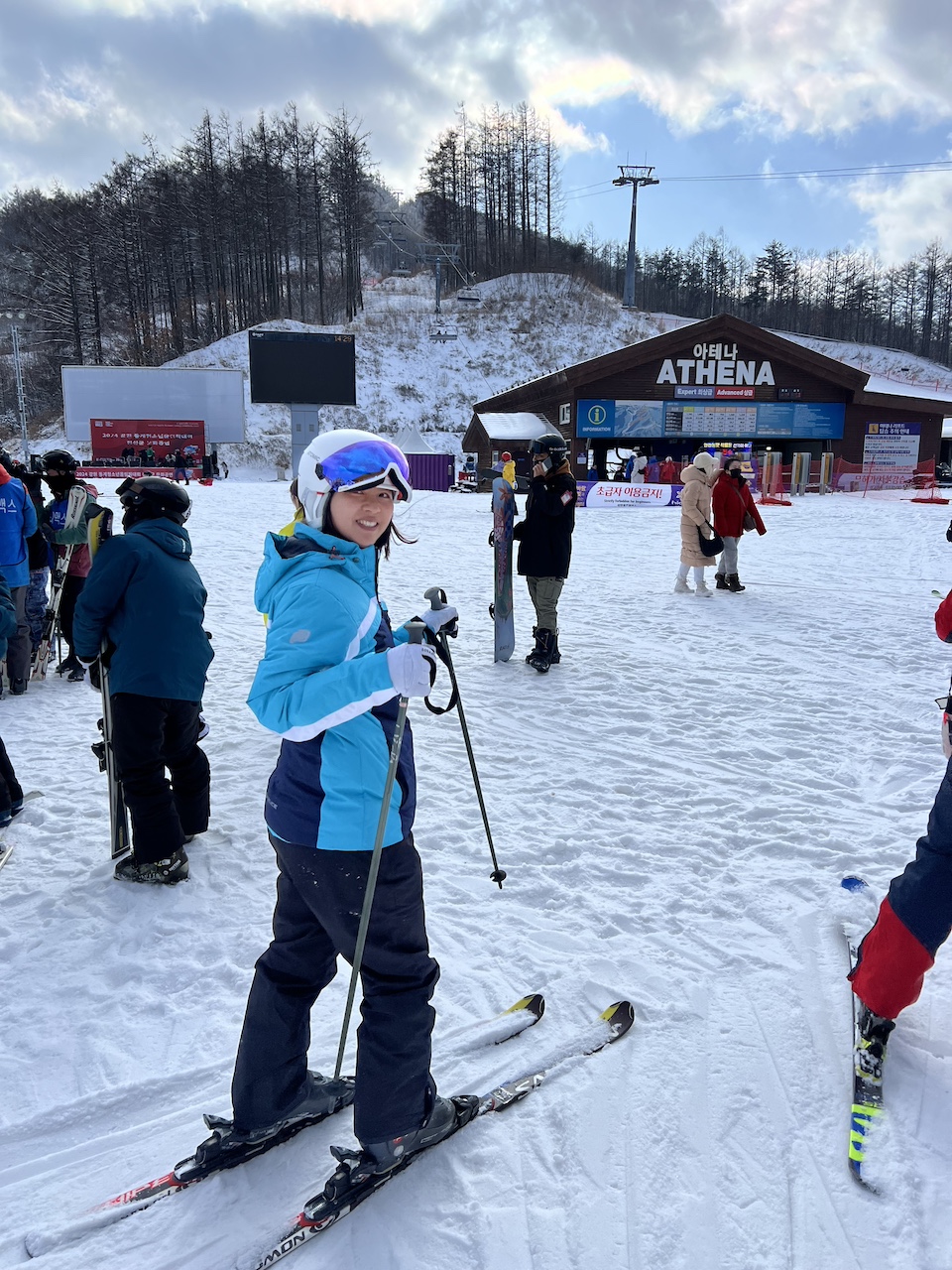 My wife Lucy, prepares to hit the slopes for her beginner ski lesson at High 1 Resort (Mountain Hub). 