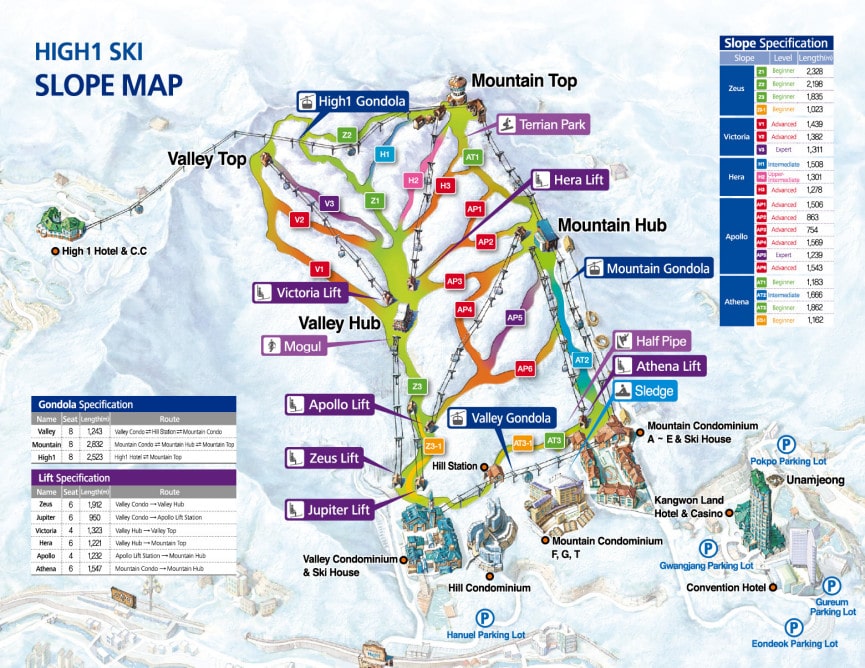 High 1 Resort Ski Resort Trail Map: Gangwon Province, South Korea