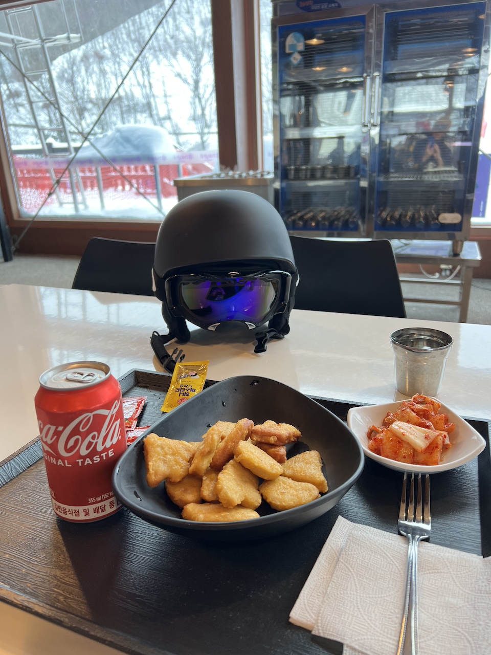 My lunch of kimchi and chicken nuggets at Valley Hub, on-mountain at High 1 Resort. 