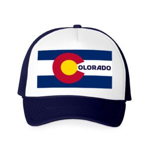 Navy trucker hat featuring the Colorado flag with the word "Colorado" printed in the center stripe, using the "C" from the flag as the first letter. The front of the hat is white foam.