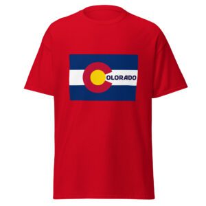 Red t-shirt featuring the Colorado flag with the word "Colorado" printed in the center stripe, using the "C" from the flag as the first letter.