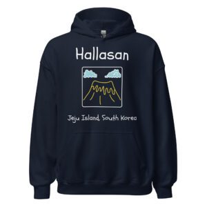 Navy hoodie with "Hallasan" printed above an illustration of a volcanic mountain and clouds. The words "Jeju Island, South Korea" are printed below the illustration.