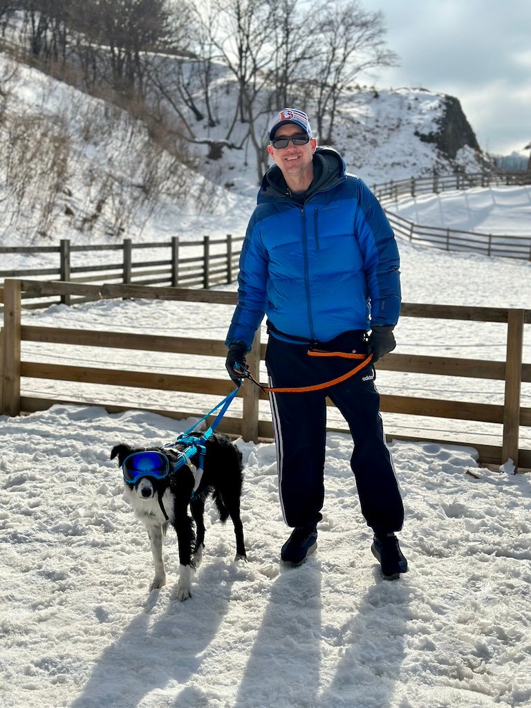 Posing with my border collie in the dog playground area of the Pure Sheep Ranch in Gangwon-Do, South Korea