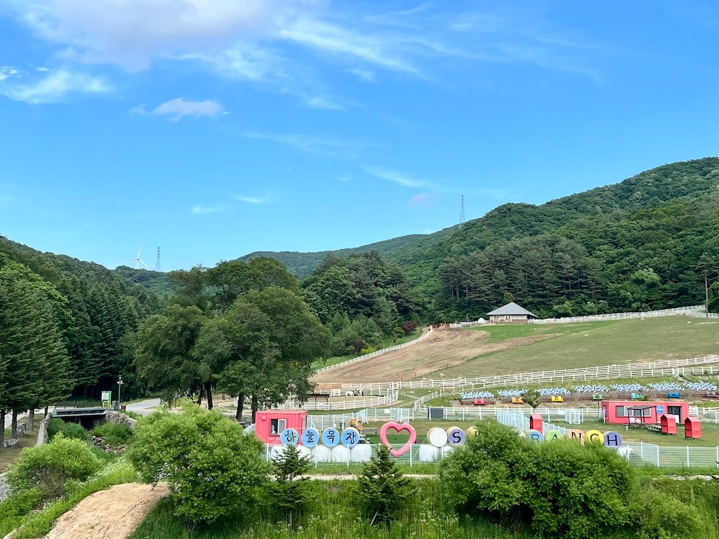 View of the lower ranch area at Han Neul Sky Ranch in summer.