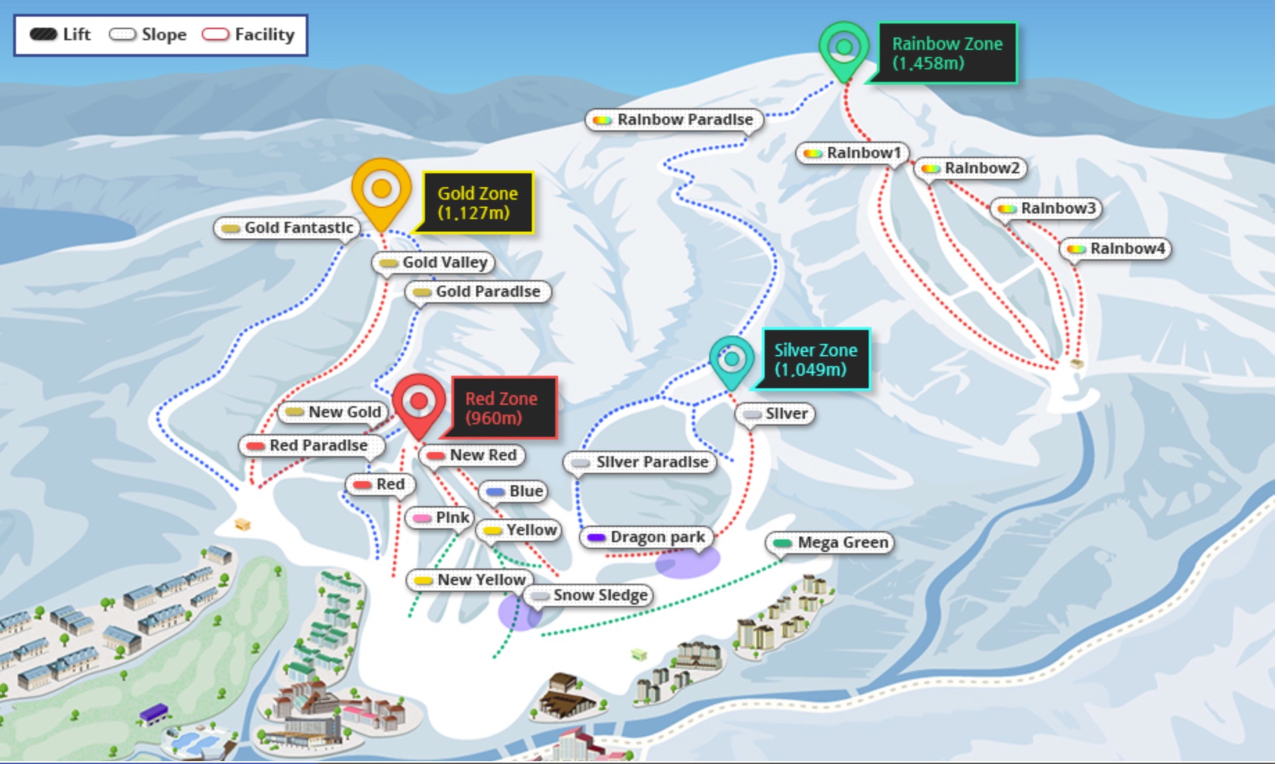 A detailed trail map of Mona Yongpyong Resort, showing the specific names of ski runs and trails within each of the four mountain zones: Gold Zone, Red Zone, Silver Zone, and Rainbow Zone.