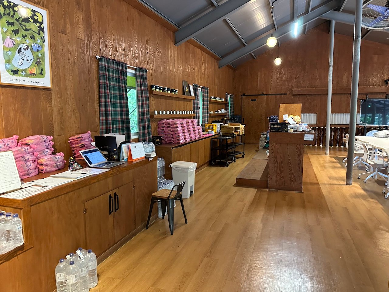 Inside the check-in and supply store at Sanneomi Ranch in Gangwon-Do, South Korea. 