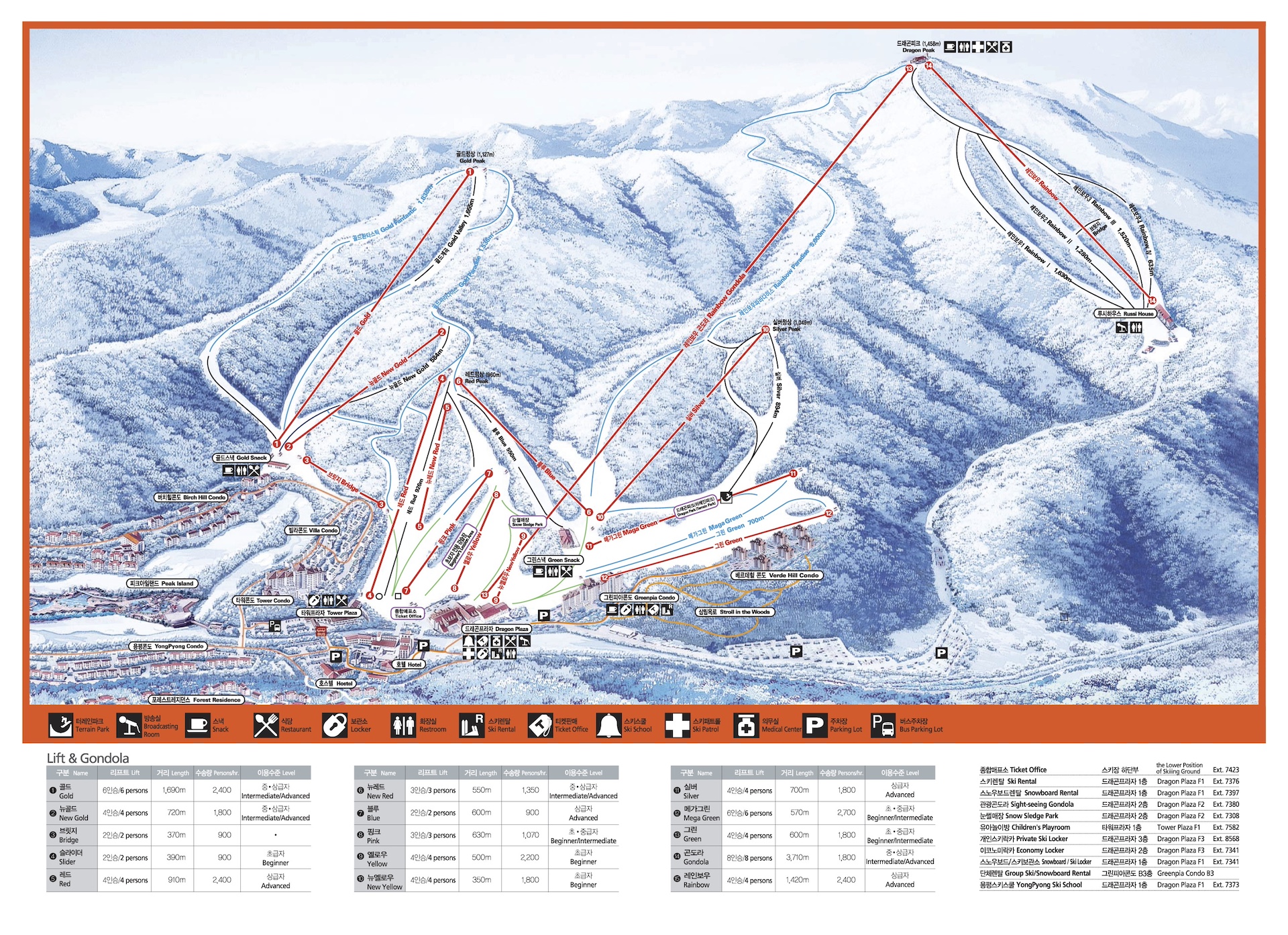 Mona Yongpyong Resort Trail Map with trail and chairlift information.