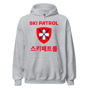 Sport grey unisex hoodie featuring a medical cross with crossed skis and the text "Ski Patrol" in English and Korean, perfect for winter sports enthusiasts.