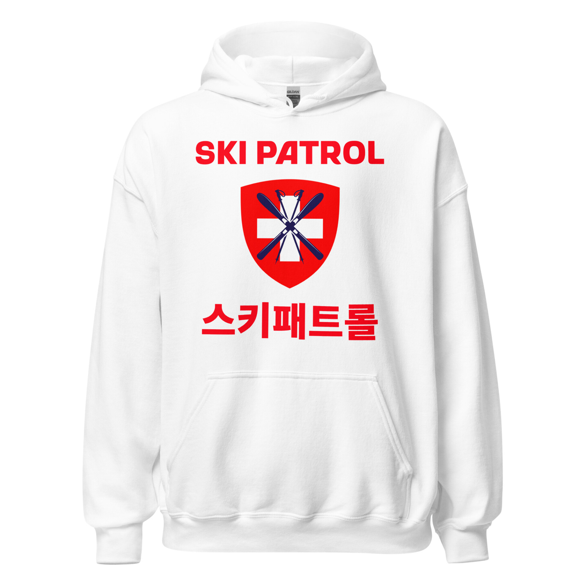 White unisex hoodie featuring a medical cross with crossed skis and the text "Ski Patrol" in English and Korean, perfect for winter sports enthusiasts.