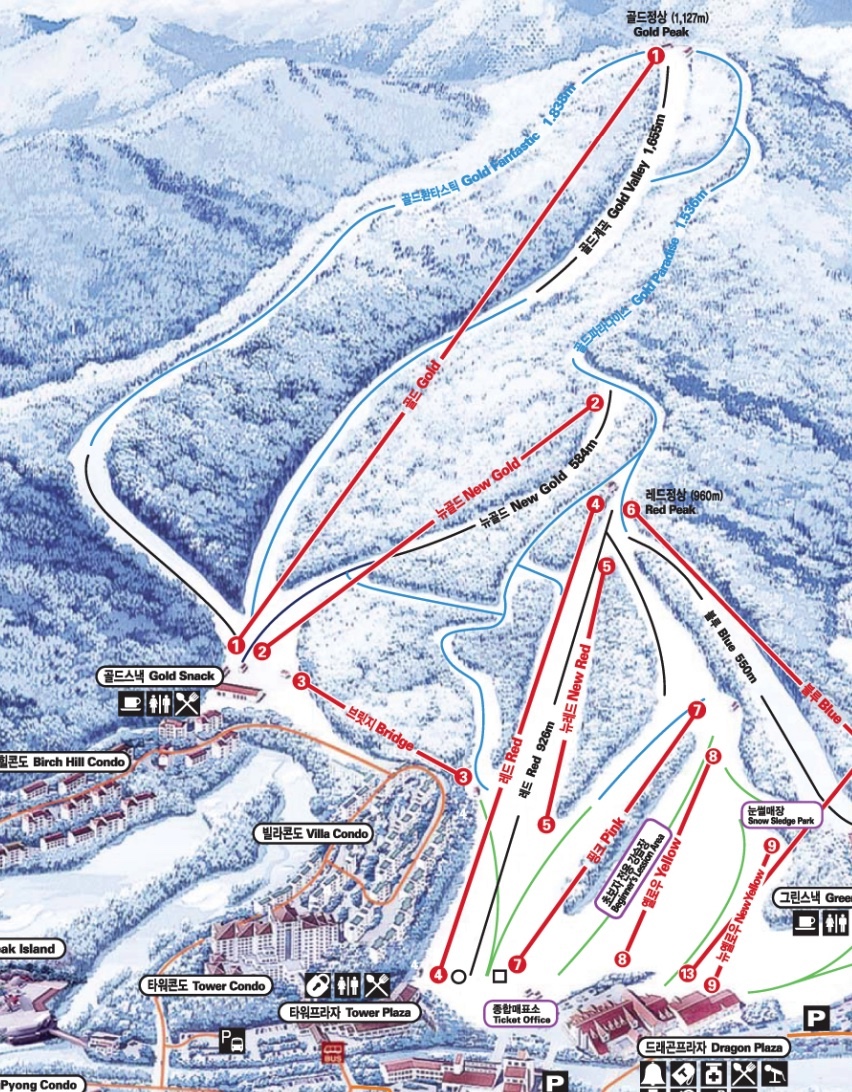 Zoomed-in trail map of the Gold Zone at Yongpyong Resort, showcasing ski runs, lifts, and key areas including Gold Peak and the Gold Snack base lodge.