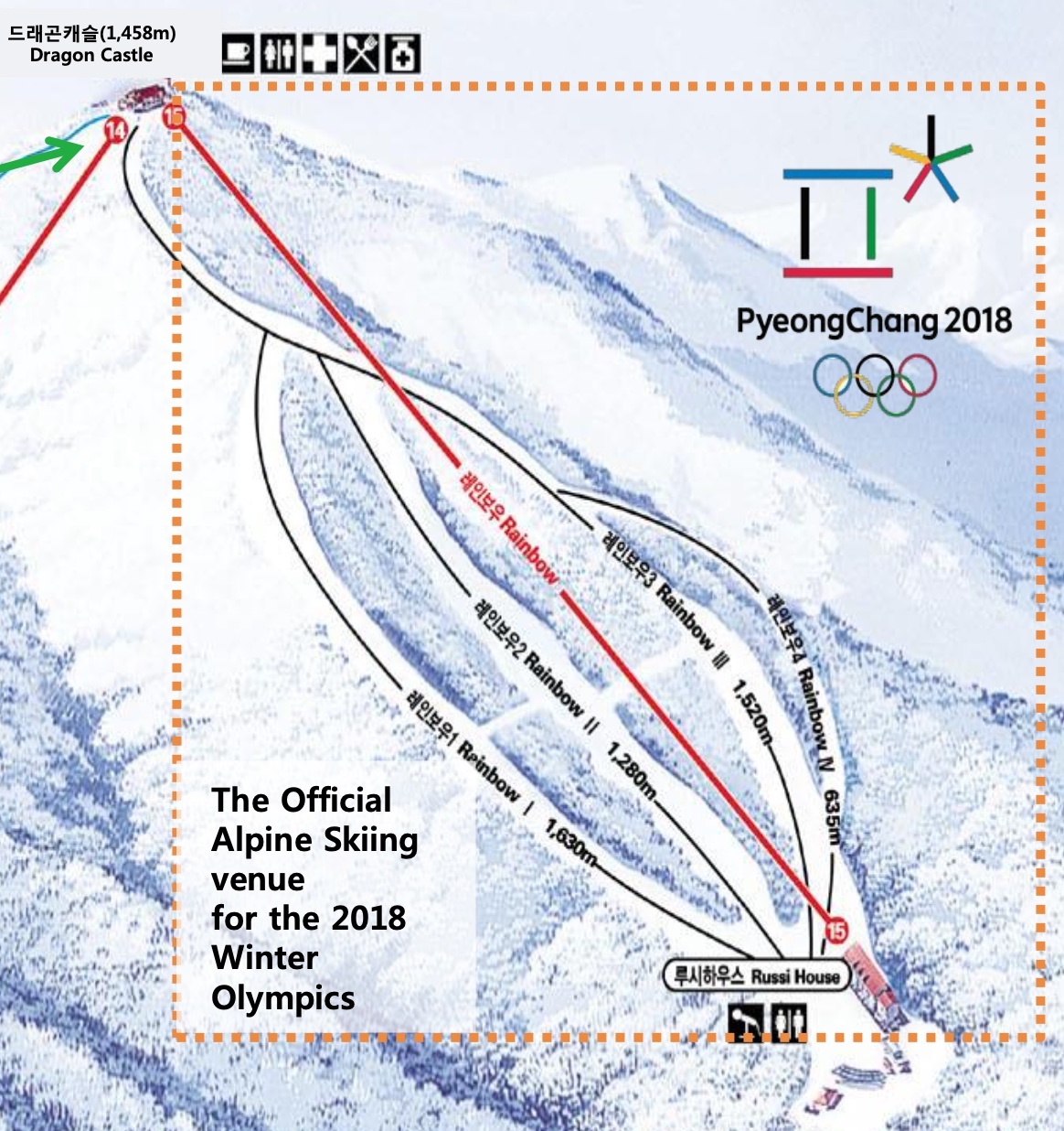 Detailed view of the Rainbow Zone trails at Mona Yongpyong Resort, highlighting various ski runs for skiers and snowboarders.