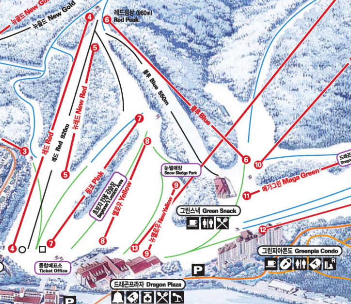 A zoomed in view of the trail map for the Red Zone at Mona Yongpyong Resort.