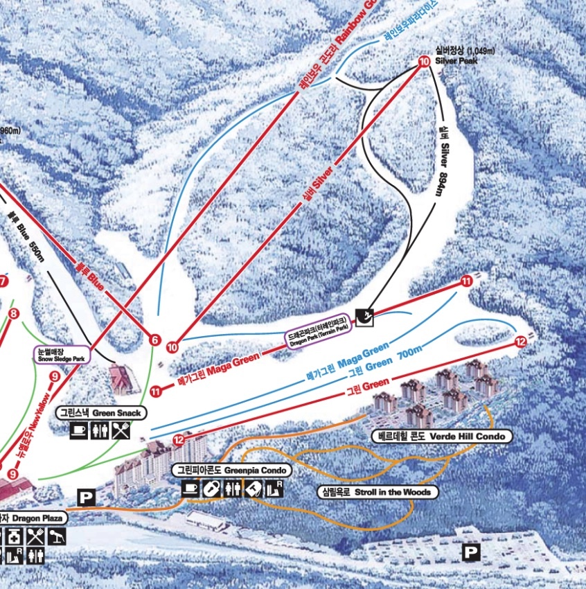 A zoomed in screenshot of the Silver Zone on the Mona Yongpyong Resort trail map. Yongpyong Resort is one of the best ski resorts in South Korea. 