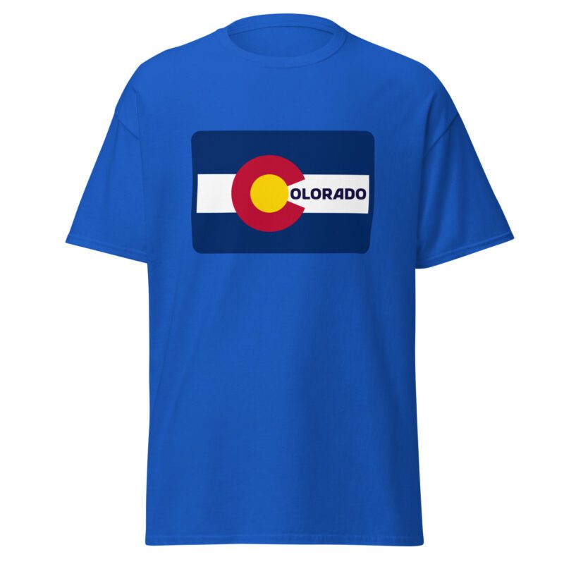 Royal blue unisex t-shirt featuring the Colorado flag with letters spelling out the state name "Colorado."