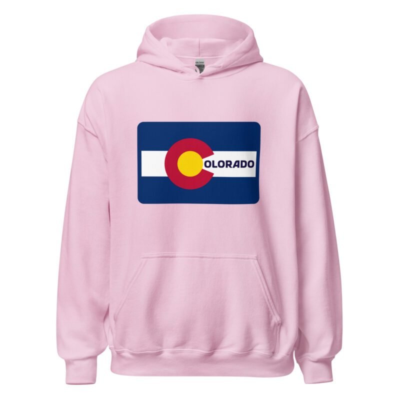 Pink classic hoodie featuring the Colorado flag with letters spelling out the state name Colorado.