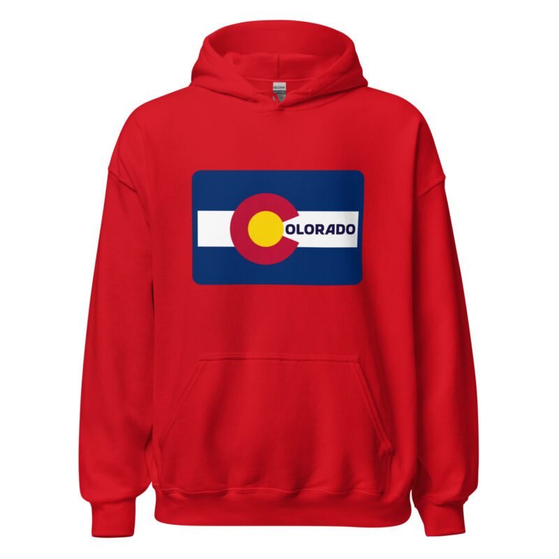 Red classic hoodie featuring the Colorado flag with letters spelling out the state name Colorado.