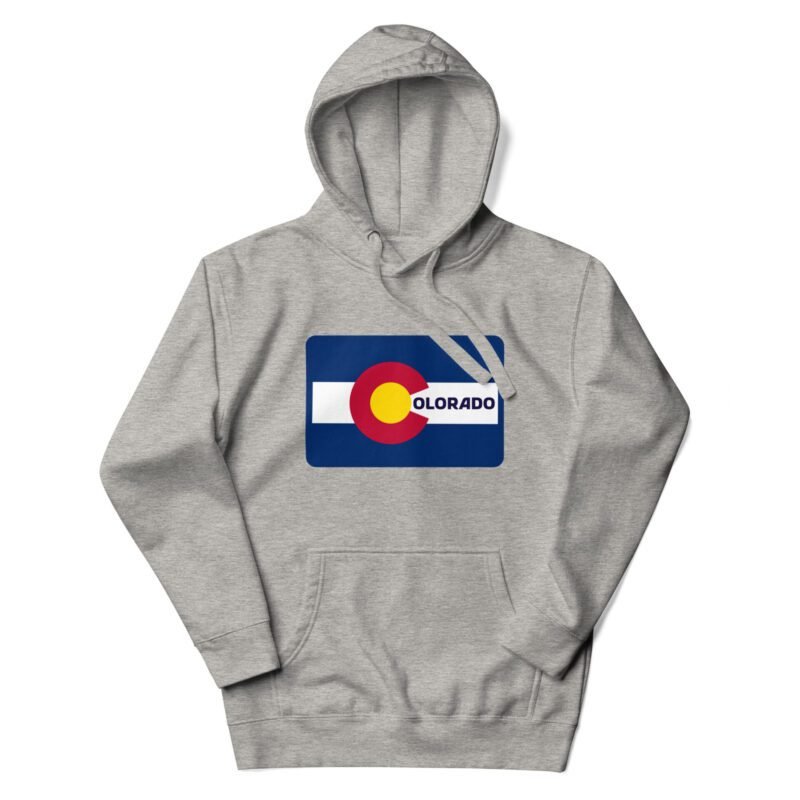 Carbon grey premium hoodie featuring the Colorado flag with letters spelling out the state name 'Colorado.'