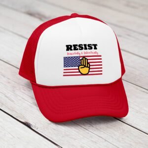 A red trucker cap, featuring the American flag, the three-fingers salute from the Hunger Games and the words Resist: Peacefully and Patriotically