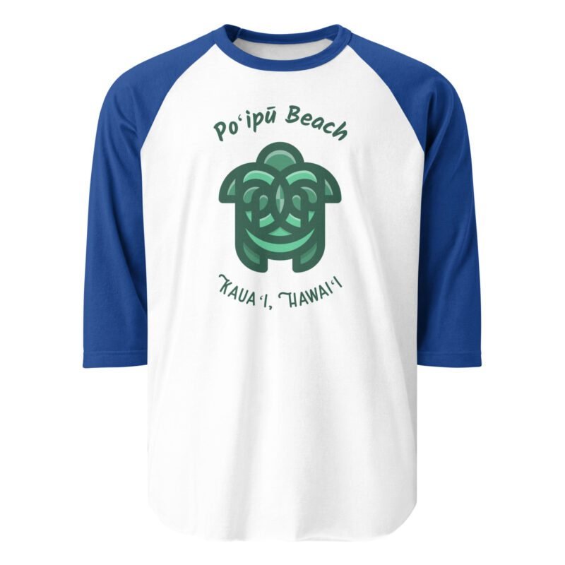 Unisex royal blue raglan 3/4 sleeve shirt showcasing a sea turtle design and "Poʻipū Beach, Kauaʻi, Hawaiʻi" text.