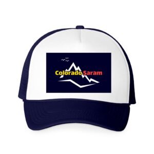 Navy trucker hat featuring Colorado Saram travel and adventure logo.