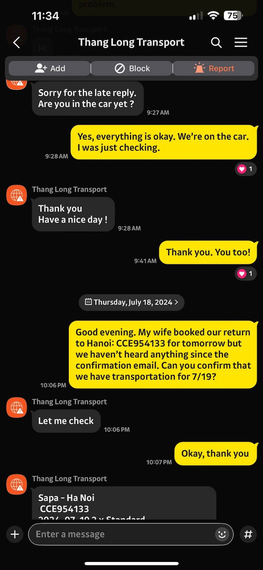 Screenshot of a confirmation message from a Klook representative in English, assisting with travel arrangements for a shared mini-van from Hanoi to Sapa, Vietnam.