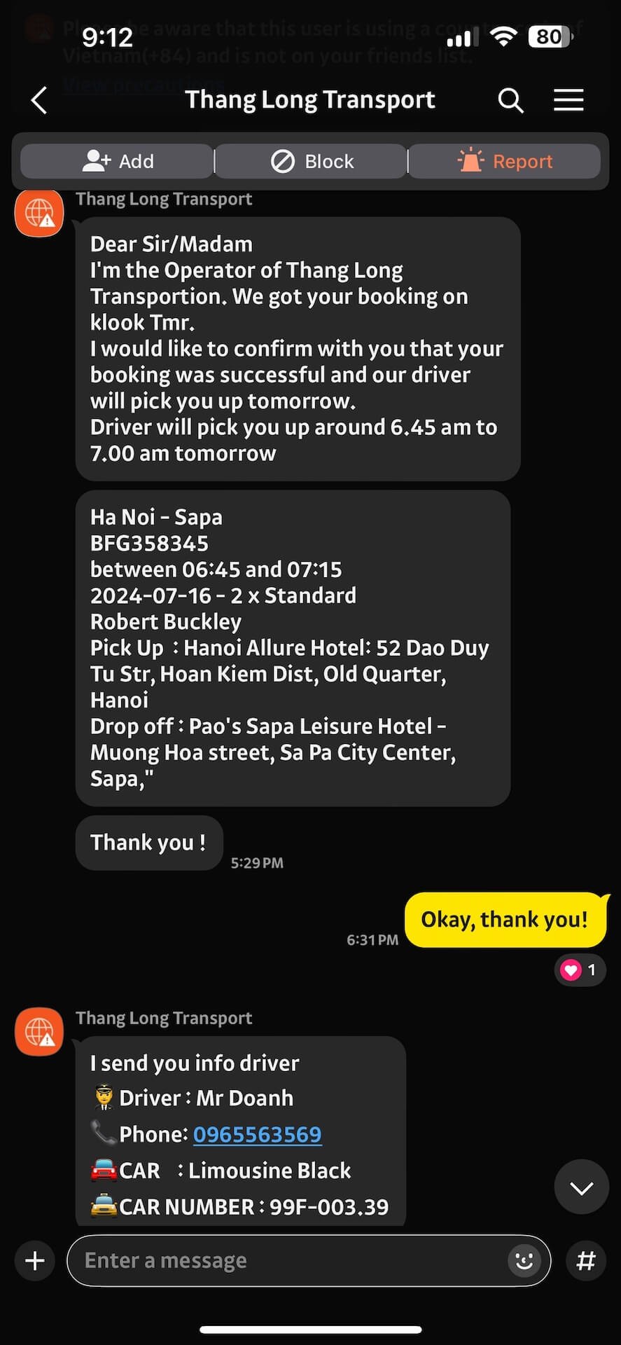 Screenshot of a confirmation message from a Klook representative in English, assisting with travel arrangements for a shared mini-van from Hanoi to Sapa, Vietnam.