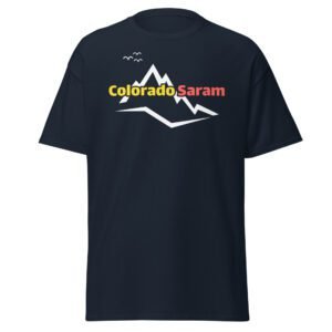 Navy Colorado Saram T-Shirt featuring travel and adventure logo design