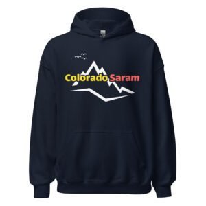 Navy hoodie with Colorado Saram travel and adventure logo for outdoor enthusiasts.