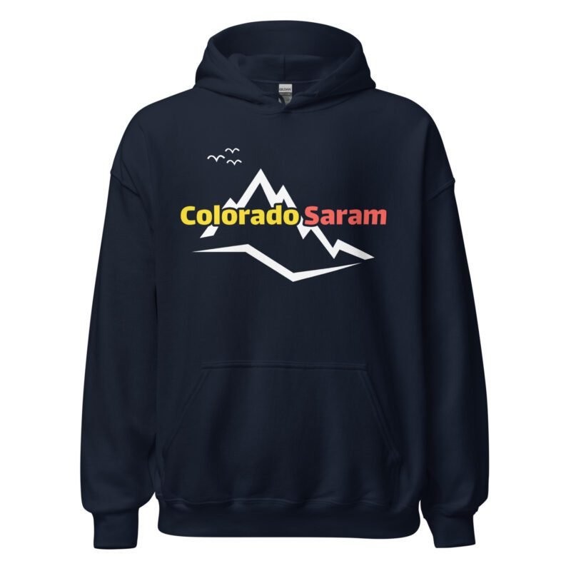 Navy hoodie with Colorado Saram travel and adventure logo for outdoor enthusiasts.