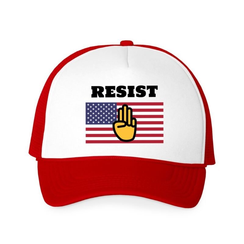 Red Resist Trucker Cap featuring the American flag with the Hunger Games three-finger salute and "RESIST" in bold letters.