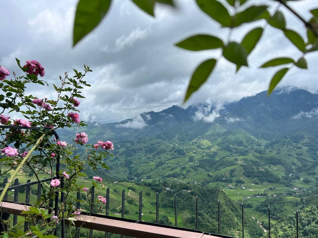 View from the balcony at Pao’s Sapa Leisure Hotel in Sa Pa, Vietnam, featuring lush green mountains, rice terraces, and pink flowers in the foreground.