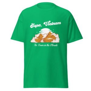 Green Sapa Vietnam T-shirt showcasing a scenic mountain design with clouds, ideal for travel lovers and outdoor adventurers.