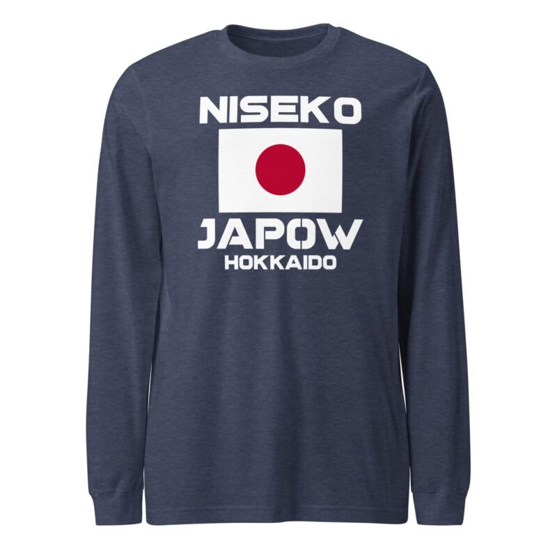 Heather navy unisex long sleeve tee with the Niseko Japow Hokkaido design, great for representing Japan’s premier ski destination.