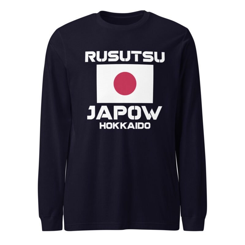 Deep navy Rusutsu Japow Hokkaido long sleeve tee featuring a Japan flag and bold lettering.