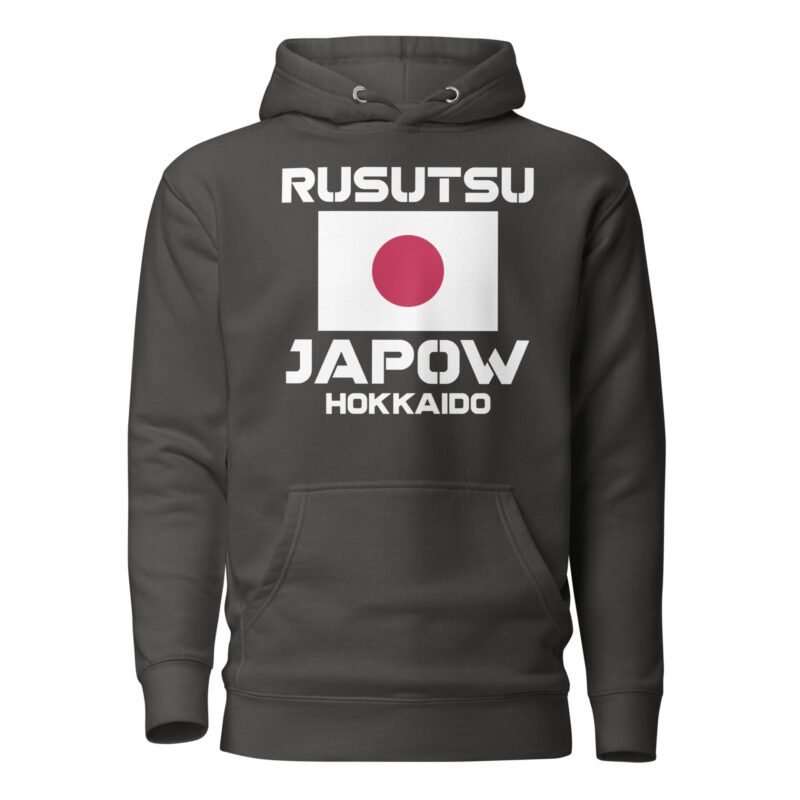Rusutsu Japow Hokkaido Hoodie in Vintage Black. Unisex hoodie for powder skiing and snowboarding.