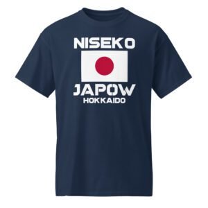 Navy blue Niseko Japow Hokkaido T-Shirt showcasing a sleek design for ski and snowboard enthusiasts. Crafted with DryBlend® fabric for breathability and all-day wear.