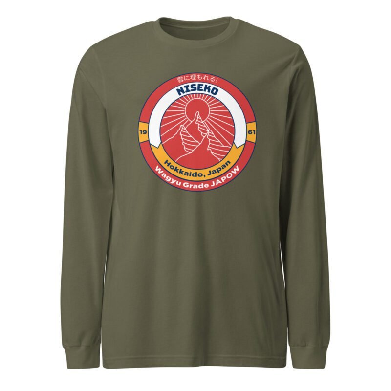 Military Green Retro Niseko Japow Long Sleeve Tee featuring a retro-inspired ski patch, celebrating Niseko’s world-famous deep powder.
