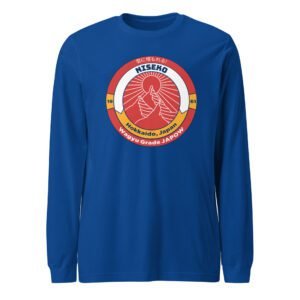 True Royal Blue Retro Niseko Japow Long Sleeve Tee featuring a vintage ski-patch design inspired by Hokkaido’s legendary Japow powder.