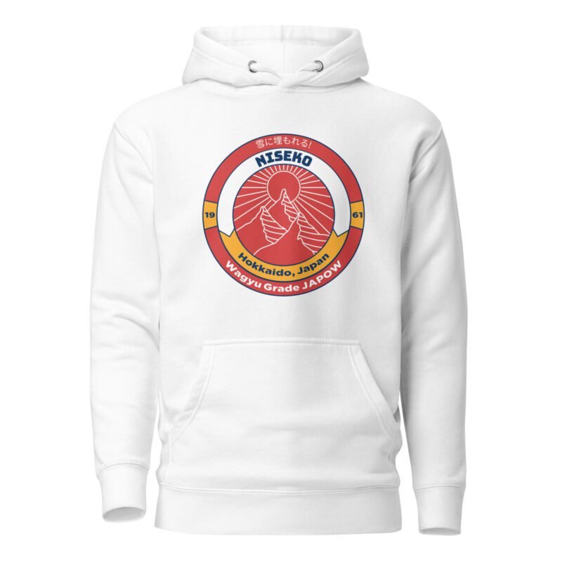 White Retro Niseko Japow Hoodie featuring a retro ski-patch inspired by Japan’s epic Japow powder. A must-have for ski and snowboard enthusiasts.