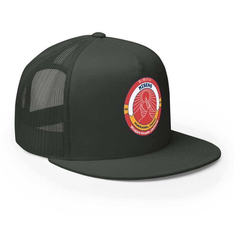 Retro Niseko Japow trucker hat in charcoal – right front angle